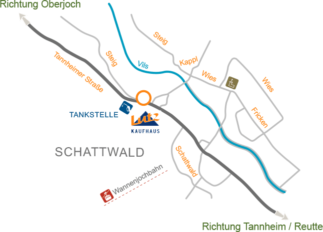 Kaufhaus Lutz in Schattwald Anfahrt Skizze